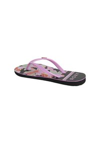 Flip-flops med svart sula, blomsterformat fotbädd i rosa och gröna nyanser, samt ljusrosa gummistroppar. Med Roxy-logotyp.