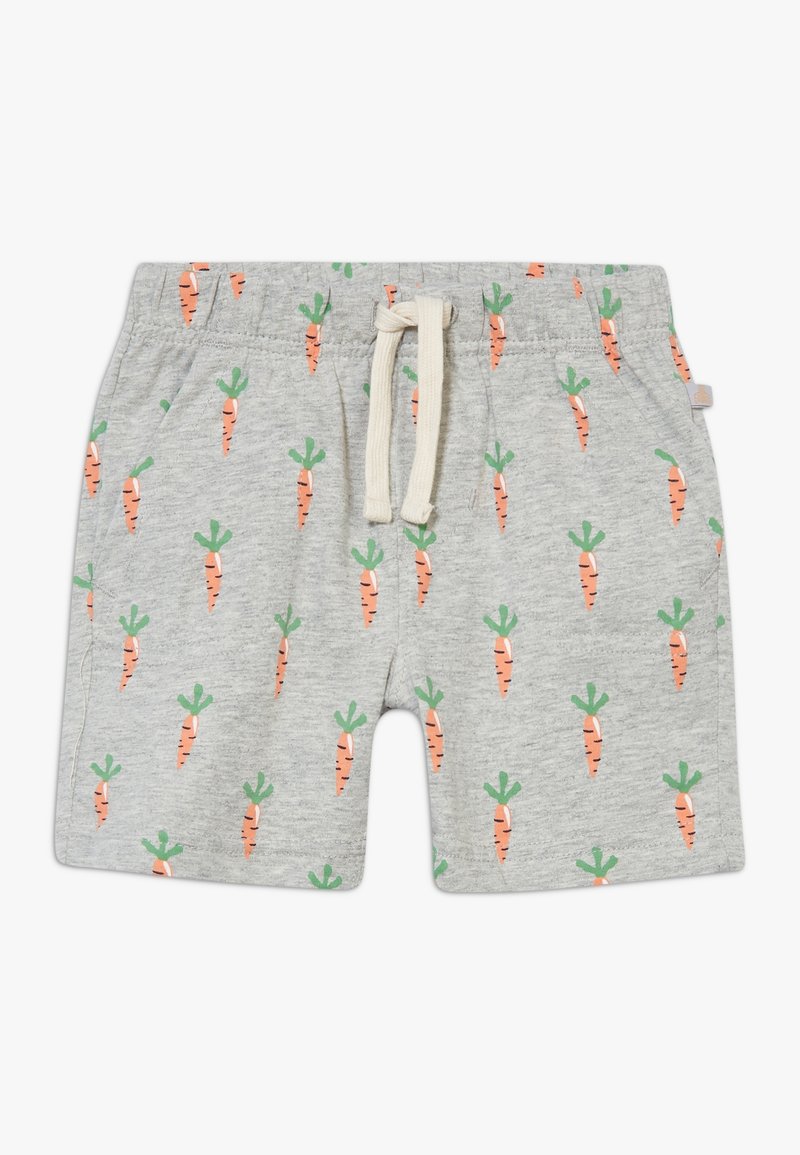 Shorts gris clair pour tout-petit avec imprimés de carottes orange et vertes, taille élastique et lien blanc à nouer au centre devant.