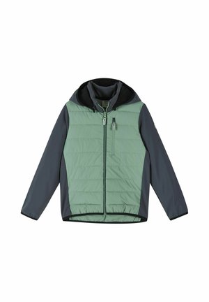 Hellgrüne und dunkelgraue Kapuzenjacke mit Frontreißverschluss und Reißverschluss an der Brusttasche auf weißem Hintergrund.