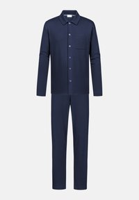 Ensemble de pyjama bleu marine en tissu doux, comprenant une chemise à col et boutons avec une poche poitrine et un pantalon droit assorti.