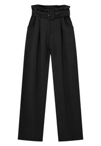 Pantalons noirs à jambes larges taille haute avec des plis, des poches latérales et une ceinture en tissu assorti avec boucle rectangulaire.