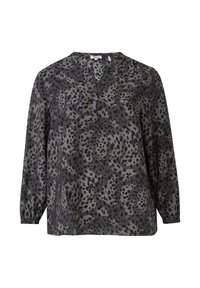 Lange mouw blouse in een lichtgewicht stof met een grijs en zwart luipaardpatroon, met een V-hals en vergaarde manchetten.