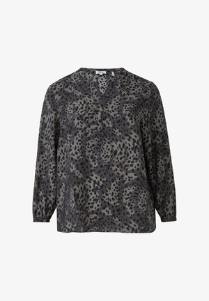 Long-sleeve blouse in a lightweight fabric featuring a gray and black leopard print, with a V-neck and gathered cuffs.