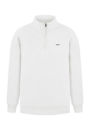 Weißer Pullover-Sweatshirt mit einem Viertel-Reißverschluss-Kragen. Weicher Stoff, gerippte Bündchen und Saum sowie ein kleines Logo auf der linken Brust. Einfaches Design.