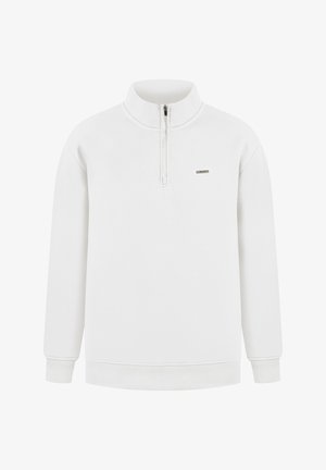 Weißer Pullover-Sweatshirt mit einem Viertel-Reißverschluss-Kragen. Weicher Stoff, gerippte Bündchen und Saum sowie ein kleines Logo auf der linken Brust. Einfaches Design.