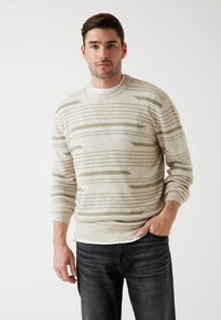 Beżowy sweter dziany z zielonymi poziomymi paskami, ryflowanym okrągłym dekoltem i długimi rękawami. Nosi się go na białej koszulce i czarnych dżinsach.