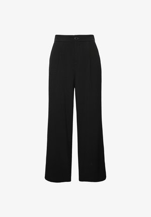 Schwarze weit geschnittene Hose aus einem glatten Stoff mit hohem Bund, ausgestattet mit einem frontalen Knopfverschluss und zwei vertikalen Falten.