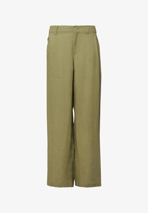 Olivgrüne, weit geschnittene Hose mit Knopf- und Reißverschluss, Gürtelschlaufen und Seitentaschen, aus leichtem Stoff gefertigt.