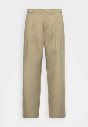 Beige, højtsiddende bukser med lige snit, med flad forkant, sidelommer og et glat, tekstureret stof.