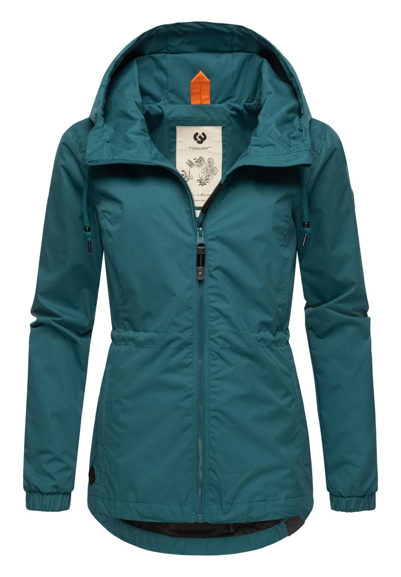 Teal waterproof jacket with a hood, elastic cuffs, and a drawstring waist. Features a black lining and an orange accent in the hood.
