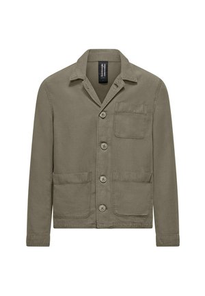 Giacca leggera verde oliva realizzata in misto cotone, con colletto standard, cinque bottoni e due tasche sul davanti.