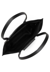 Black leather tote bag with a smooth texture, open interior, and two sturdy handles. Interior features a zipper pocket and spacious design.
