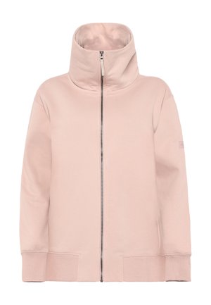 Rosa Sweatshirt mit hohem Kragen, mittigem Reißverschluss und gerippten Bündchen. Weicher Stoff und minimalistisches Design, mit kleinem Logo auf dem Ärmel.