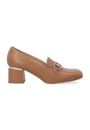 Tan leather block-heeled loafer with a square toe, featuring a decorative buckle on the vamp and textured detailing on the heel.