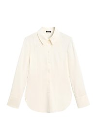 Camicia a maniche lunghe in avorio con colletto a punta, chiusura frontale con bottoni e orlo leggermente curvato. Realizzata in tessuto morbido e leggero.