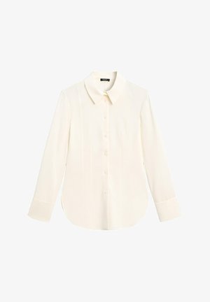 Long-sleeve, ivory blouse with a point collar, front button closure, and a slightly curved hem. Made from smooth, lightweight fabric.