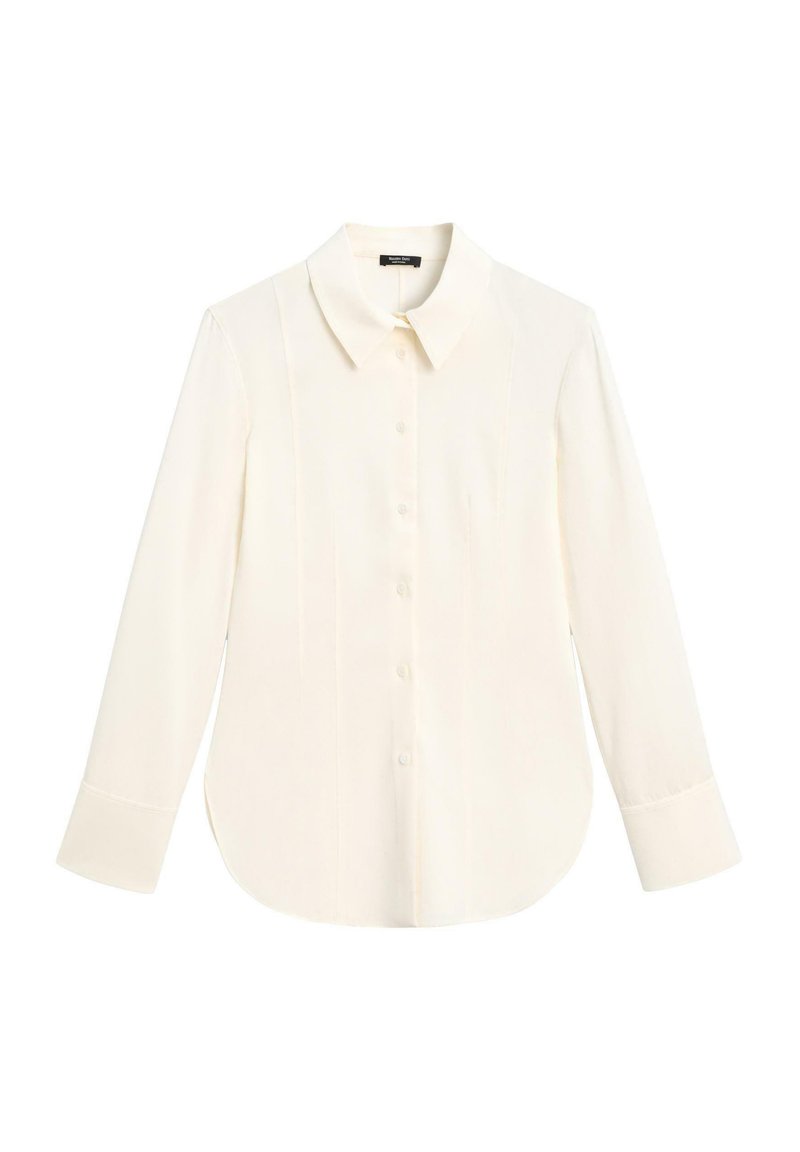 Long-sleeve, ivory blouse with a point collar, front button closure, and a slightly curved hem. Made from smooth, lightweight fabric.