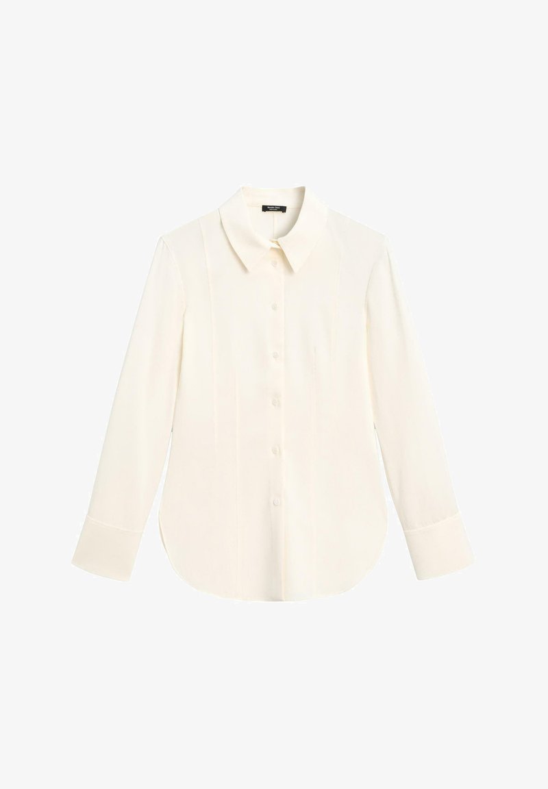 Long-sleeve, ivory blouse with a point collar, front button closure, and a slightly curved hem. Made from smooth, lightweight fabric.