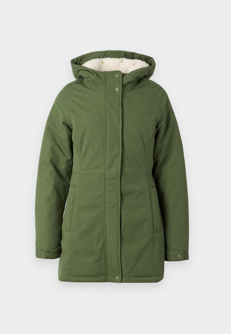 Parka verde oliva con capucha, hecha de tela texturizada, con forro de polar, botones a presión y dos bolsillos frontales.