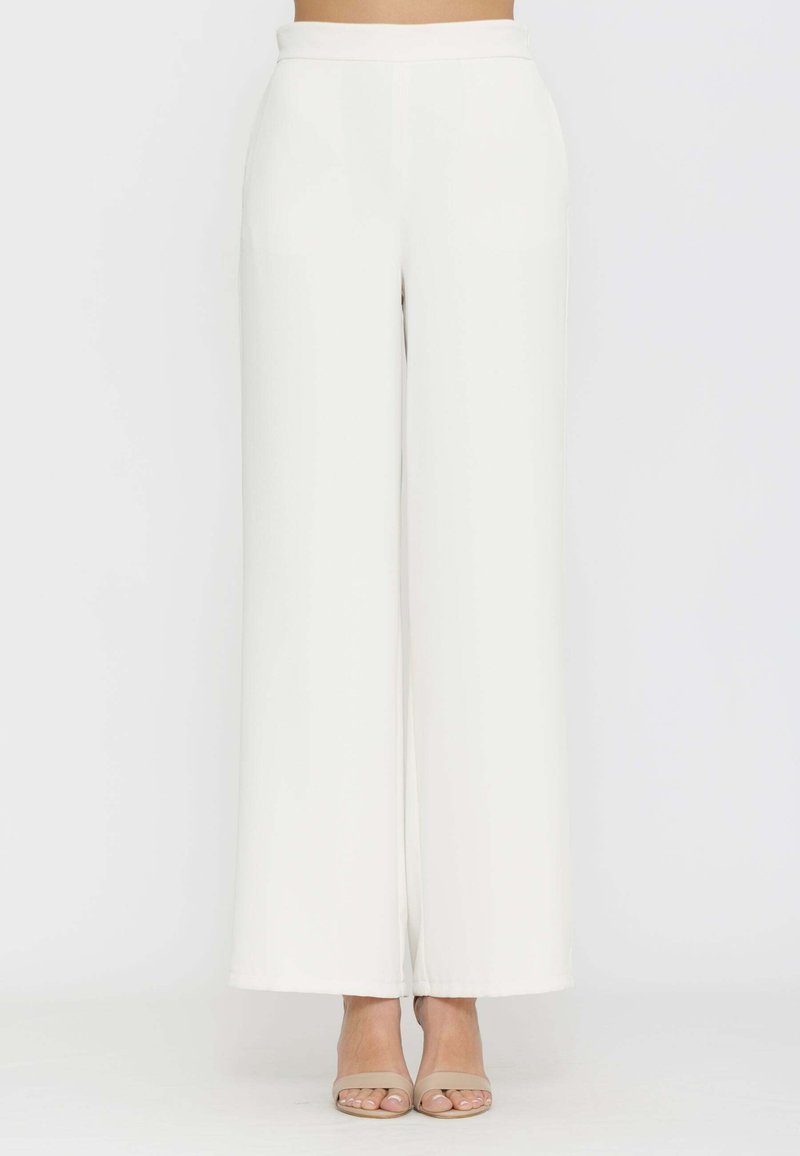 Pantaloni bianchi a gamba larga a vita alta indossati con sandali beige con punta aperta, mostrati su una modella dalla vita ai piedi su uno sfondo bianco uniforme.