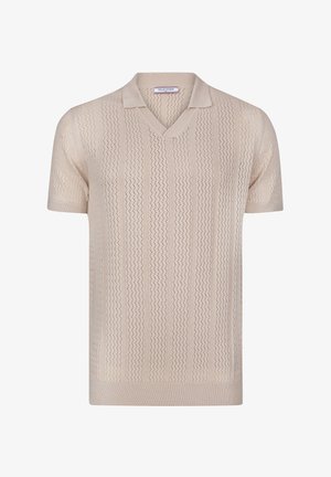 Beige gestricktes Poloshirt mit V-Ausschnitt, kurzen Ärmeln und vertikalem Streifenmuster mit offenen Details. Weicher Stoff, lässiger Schnitt.