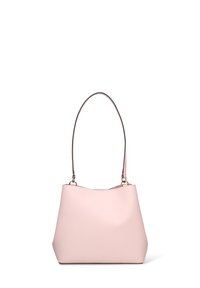 Sac à main en similicuir rose clair avec une seule bandoulière fine et un design minimaliste. Présente une texture lisse et un dessus ouvert.