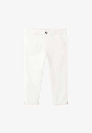 Pantalon en coton blanc à coupe slim, avec une fermeture classique à boutons, des poches avant et des ourlets roulés avec un détail de surpiqûres contrastantes.