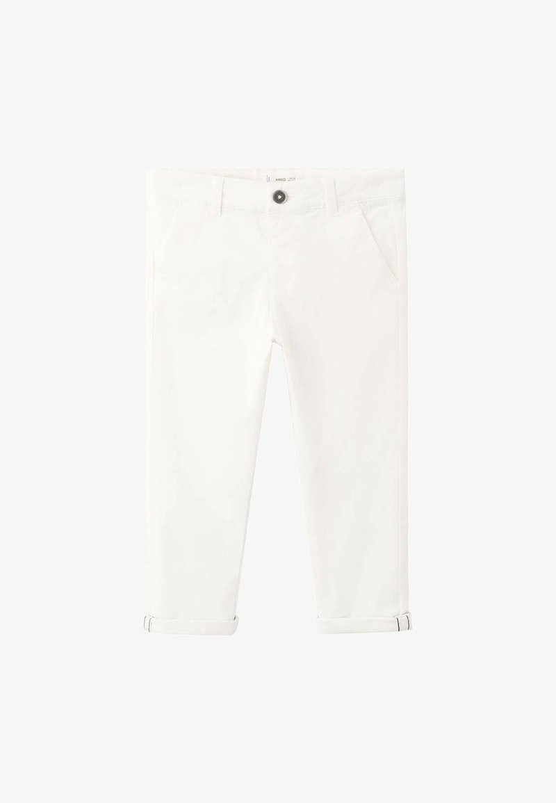 Pantalon en coton blanc à coupe slim, avec une fermeture classique à boutons, des poches avant et des ourlets roulés avec un détail de surpiqûres contrastantes.