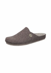 Brown felt slipper with a rounded toe, smooth texture, and a subtle spiral accent. Open back design for easy wear. Flat sole.