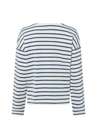 Gestreiftes Langarmshirt in Weiß und Marineblau mit weitem Ausschnitt und legerer Passform. Weicher Stoff mit horizontalen Streifen.