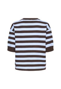Chemise à manches courtes avec des rayures horizontales marron et bleu clair, vue de dos sur fond blanc.