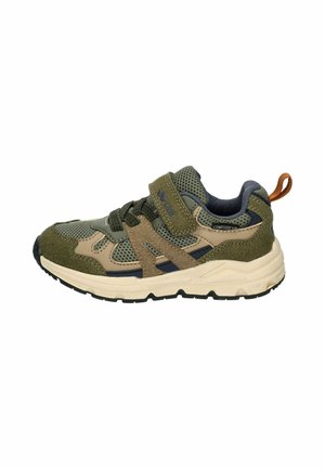 Child's olive green and tan sneaker with mesh panels, hook-and-loop strap, black laces, and beige sole with black tread.