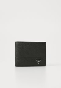 Black leather wallet with a textured finish, featuring a triangular silver logo accent on the front and a slim, rectangular shape.