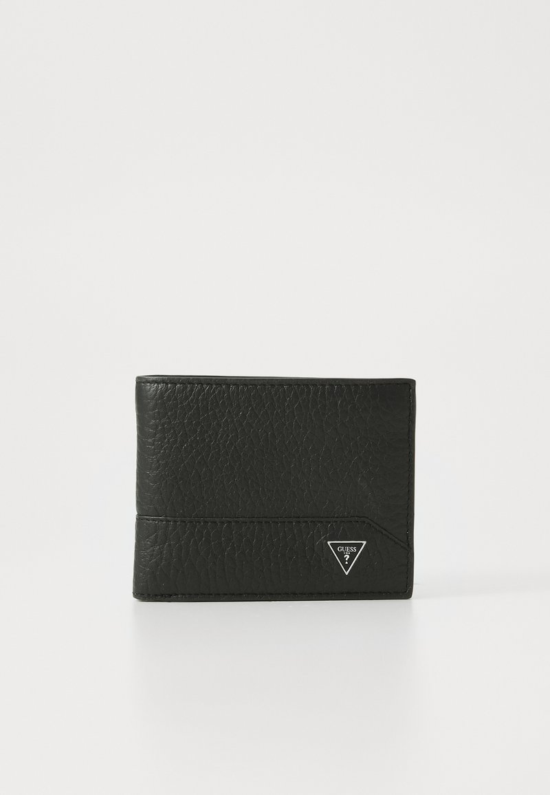 Black leather wallet with a textured finish, featuring a triangular silver logo accent on the front and a slim, rectangular shape.