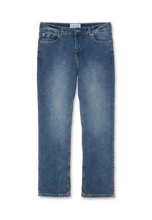 Vaqueros de mezclilla azul con corte recto, que cuentan con dos bolsillos delanteros, una etiqueta en la cintura y un patrón desgastado en la tela.