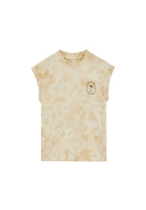 Ærmeløs beige tie-dye top med rund hals og lille palmeemblem på venstre bryst med teksten "Dua Dua Bay Since 1996."