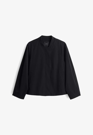 Schwarze Bomberjacke mit glatter Textur, geripptem Kragen und seitlichen Taschen. Verfügt über einen lockeren Schnitt und ein minimalistisches Design.
