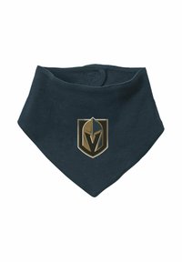 Schwarzes Baumwollbandana mit spitzer Form, das ein goldfarbenes und schwarzes Wappenlogo in der Mitte zeigt. Glatte Textur, minimales Design.