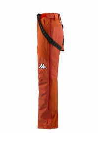 Pantaloni arancioni con una finitura testurizzata, dotati di una cerniera laterale, una cintura regolabile e un'accensione del logo nera sul lato sinistro.