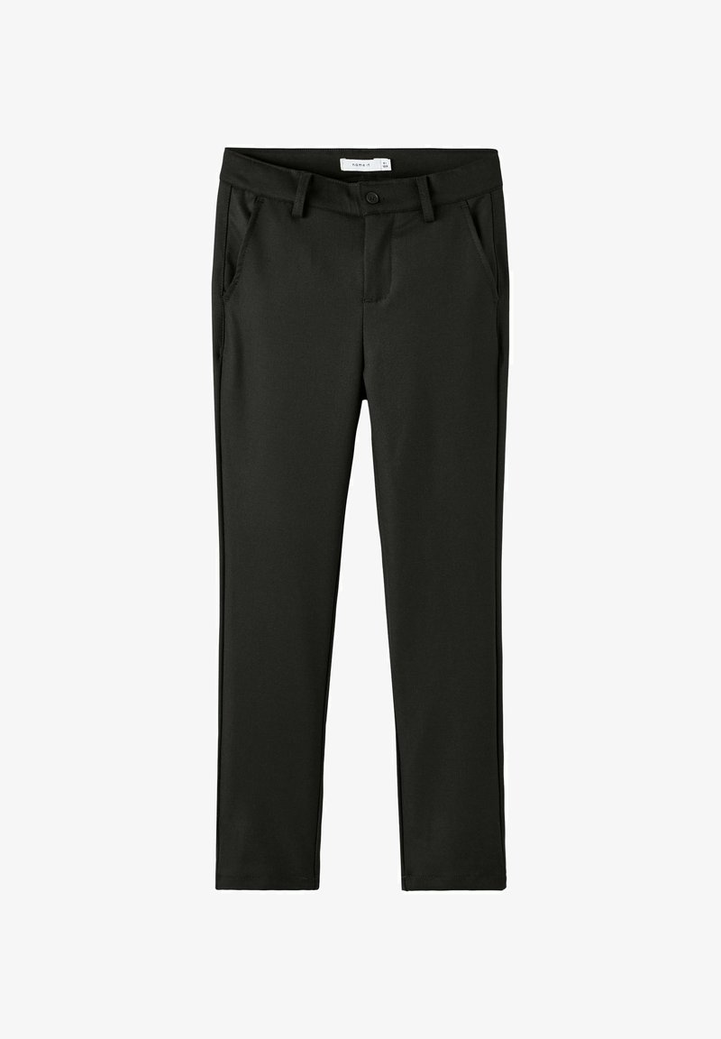Pantalons noirs ajustés en tissu extensible, avec un devant plat, deux poches latérales et une fermeture éclair avec un bouton.