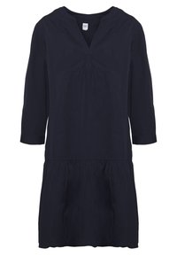 Marindräng blå tunika klänning med V-hals, trekvartslånga ärmar och drapering under bysten. Slätt tyg med en avslappnad passform och knälång nederdel.