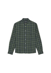 Grün und marineblau karierter Langarmshirt mit Knopfkragen, weißen Knöpfen und einer Brusttasche. Hergestellt aus gewebtem Stoff.