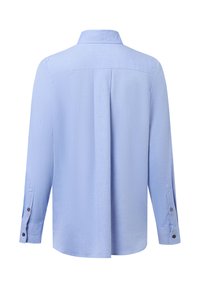 Light blue long-sleeve shirt features a classic collar, buttoned cuffs, flat back yoke, and a tapered fit with a subtle textured fabric.