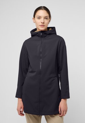 Veste à capuche noire avec une fermeture éclair à l'avant, des manches longues et une doublure intérieure douce, dotée de poches latérales et d'une coupe droite.