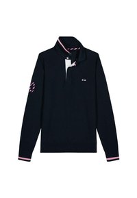 Pull-over en tricot navy à manches longues, col et patte de boutonnage blanche. Accentué de rayures roses et d'un logo sur la manche.