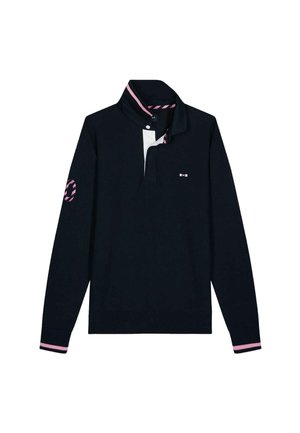 Pull-over en tricot navy à manches longues, col et patte de boutonnage blanche. Accentué de rayures roses et d'un logo sur la manche.