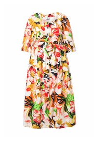 Knielanges Kleid mit Knopfverschluss, Ellbogenärmeln, einem gebundenen Taillengürtel und einem bunten tropischen Blumenmuster in Rot, Orange, Gelb, Grün und Weiß.