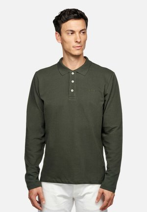 Long-sleeve dark green polo shirt in cotton with a two-button placket and a subtle logo on the chest. Plain texture, casual fit.