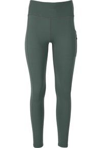 Kompressiolegginsit tummanvihreästä kankaasta, joissa on leveä vyötärönauha, litteät saumat ja sivutasku säilytystä varten.