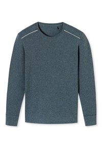 Camicia a maniche lunghe in tessuto blu scuro melange. Presenta un collo a giro, orlo dritto e cuciture bianche a contrasto sulle spalle.